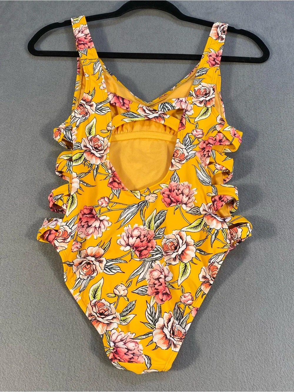 Xhilaration Juniors Yellow & Pink Floral One-Piece Swimsuit w/side crisscross